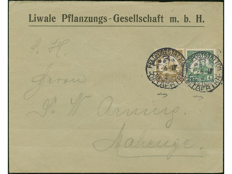 1917, “FELDPOSTSTATION DEUTSCH OSTAFRIKA 3 5.6.17” zweimal klar auf Kaiseryacht 2½ und 4 H. mit Wasserzeichen auf Vordruckbri