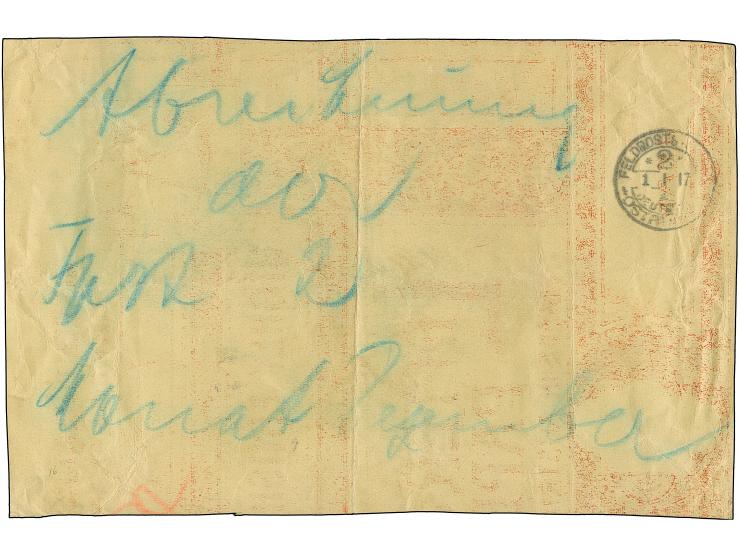 1917, “FELDPOSTSTATION DEUTSCH OSTAFRIKA 2 1.1.17” auf großformatigem Deckblatt einer vermutlich provisorischen Abrechnung de