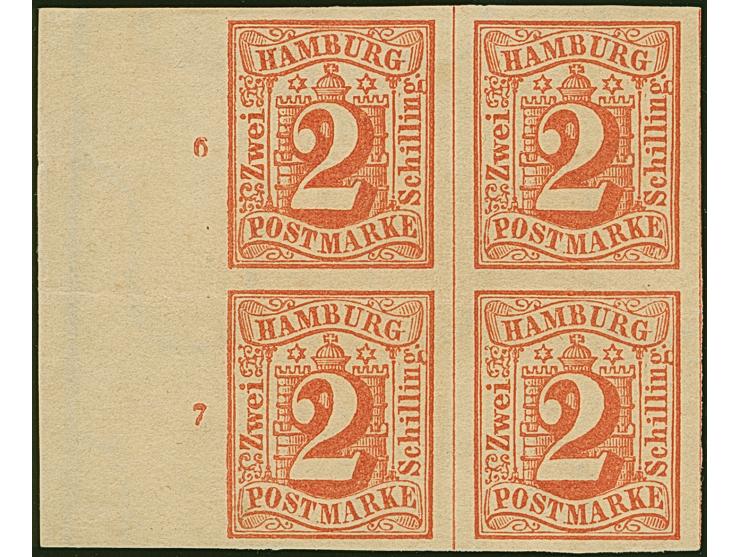2 Sch. orangerot, 4er-Block, allseits breitrandig, links mit breitem Bogenrand mit Reihenzähler "6" und "7", ungebraucht ohne