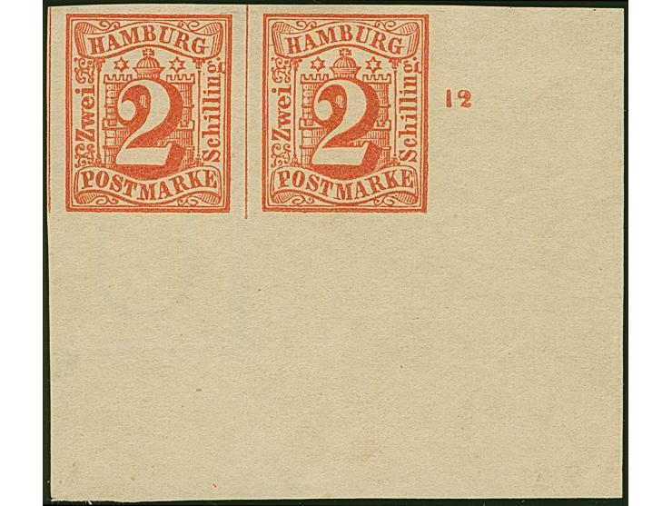 2 Sch. orangerot im waagerechten Paar aus der rechten unteren Bogenecke, dabei die rechte Marke ohne Wasserzeichen. Allseits 