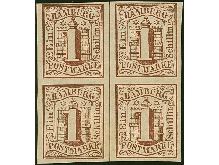 1 Sch. braun im 4er-Block, farbfrisch und voll- bis breitrandig, ungebraucht mit Originalgummi. Schöne und einwandfreie Erhal