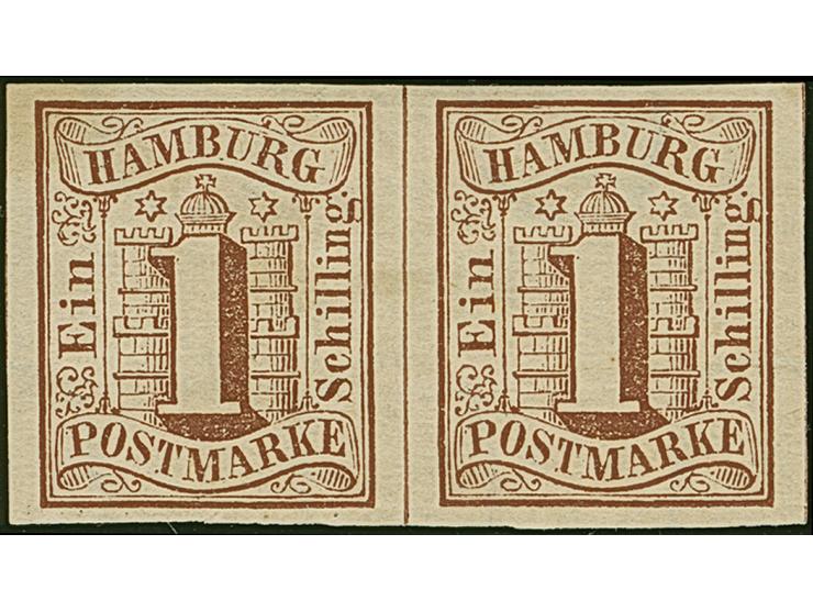 1 Sch. braun im waagerechten Paar, farbfrisch und voll- bis breitrandig, ungebraucht mit Originalgummi. Tadellos. Eine recht 