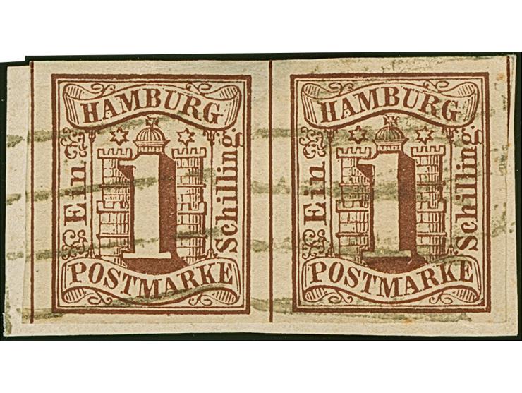 1 Sch. braun im waagerechten Paar, farbfrisch und allseits breitrandig, mit sauber aufgesetzten Strichstempeln auf kleinem Br