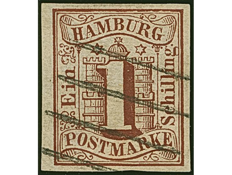 1 Sch. braun ohne Wasserzeichen, Farbfrisch und allseits breitrandig, sauber entwertet durch Strichstempel. Kleine helle Stel