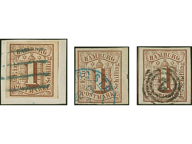 1 Sch. braun, 3 voll-bis breitrandige Einzelwerte mit seltenen Entwertungen: mit blauem Strichstempel auf Briefstück, linkes 