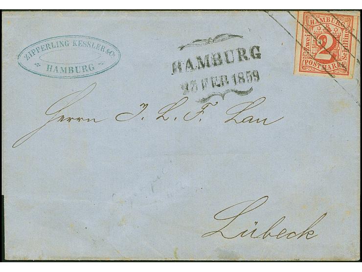 2 Sch. rot, farbfrisch und voll- bis meist breitrandig, mit sauber aufgesetztem langen Strichstempel und nebengesetztem Schme