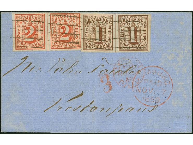 1 Sch. braun und 2 Sch. rot, je im waagerechten Paar, die rechte 1 Sch. rechts ergänzt, sonst alle voll- bis meist breitrandi