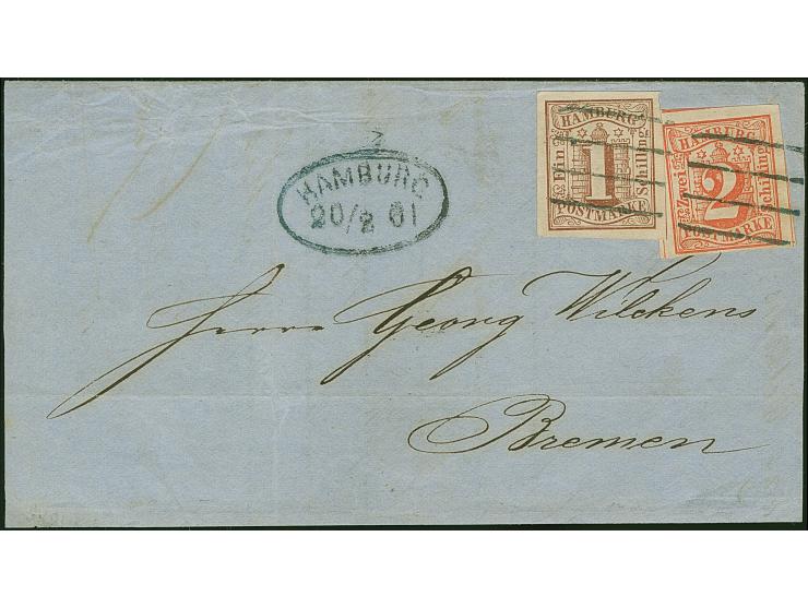 1 Sch. braun und 2 Sch. rot , beide farbfrisch und voll- bis meist breitrandig, mit sauber aufgesetztem Strichstempel und neb