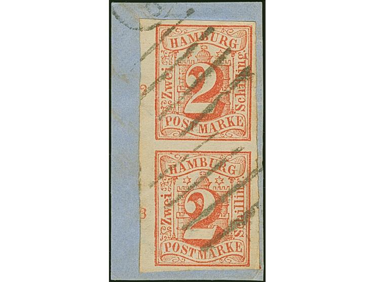 2 Sch. rot im senkrechten Paar vom linken Bogenrand , farbfrisch und voll- bis breitrandig, links mit schmalem Bogenrand mit 