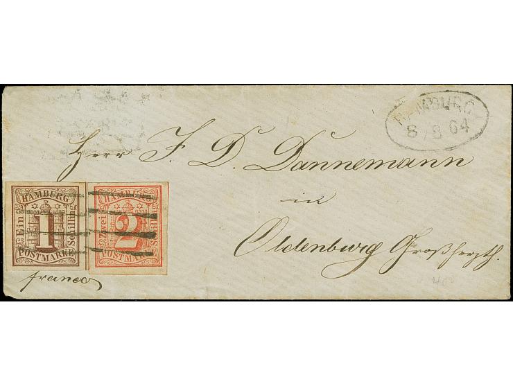 1 Sch. braun und 2 Sch. rot , beide farbfrisch und breitrandig, mit sauber aufgesetztem Strichstempel und nebengesetztem Oval