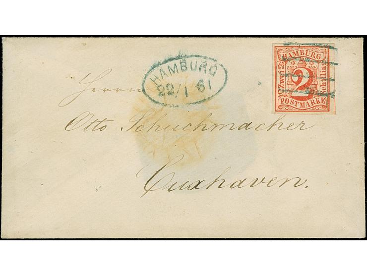 2 Sch. rot, farbfrisch und allseits breitrandig, mit blauem Strichstempel und nebengesetztem blauen Ovalstempel "HAMBURG &nbs