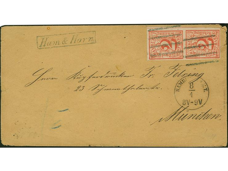 2 Sch. rot im senkrechten Paar, voll- bis breitrandig und farbfrisch, mit sauber aufgesetzten Strichstempeln und nebengesetzt