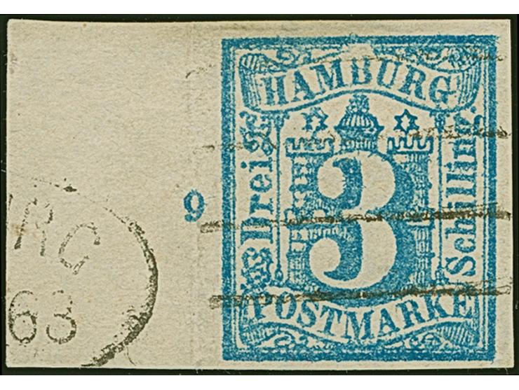 3 Sch. preußischblau, voll- bis breitrandig, Links mit ca 15 mm Bogenrand, mit Duplex-Entwertung durch Oval-und Strichstempel