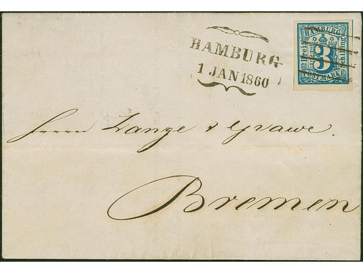 3 Sch. preußischblau, voll- bis breitrandig, mit sauber aufgesetztem Strichstempel und nebengesetztem klaren Schmetterlingsst