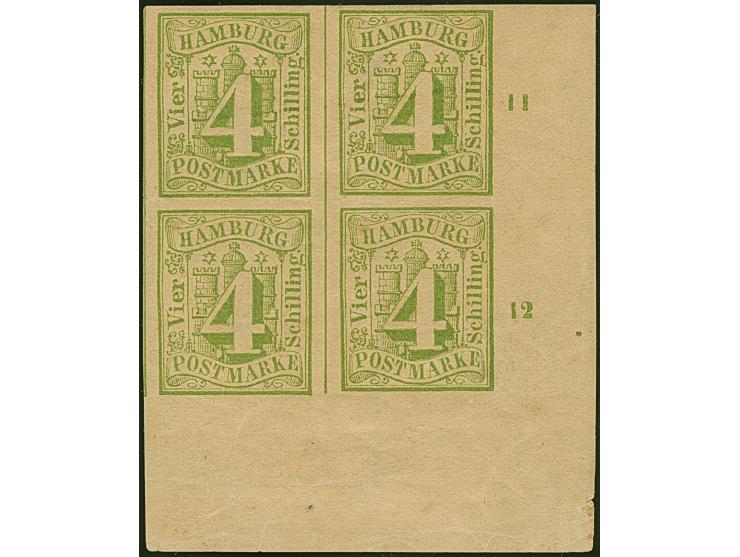 4 Sch. gelbgrün im 4er-Block aus der rechten unteren Bogenecke mit breiten Bogenrändern und Reihenzählern “11” und “12”, unge
