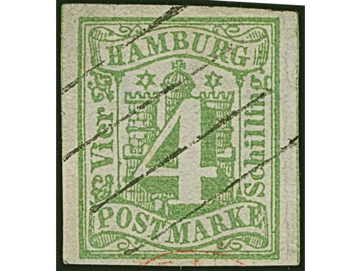 4 Sch. gelbgrün, farbfrisch und voll- bis breitrandig, mit sauber aufgesetztem Strichstempel. Kleiner Knitter und winzige Hin