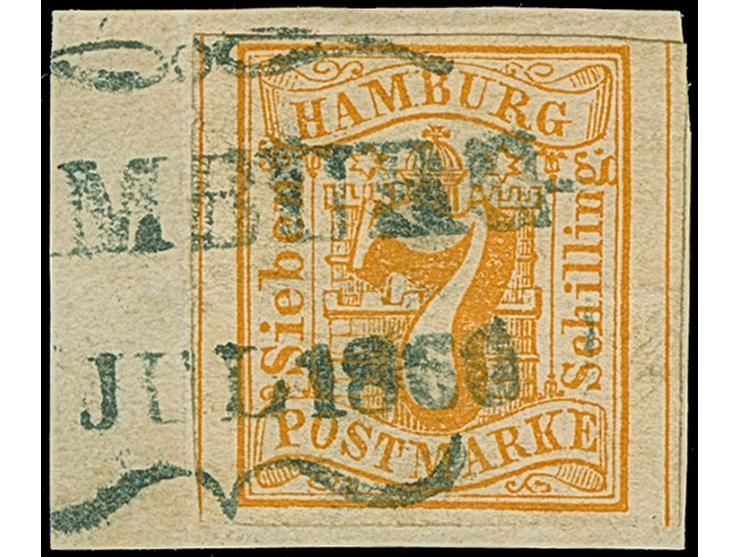 7 Sch. orange, farbfrisch und voll-bis breitrandig, mit sauber aufgesetztem Schmetterlingsstempel “HAMBURG..JUL 1860” auf Bri