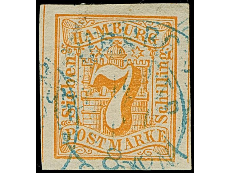 7 Sch. orange, farbfrisch und breitrandig, Entwertet durch blauen DKr. des Hamburger Stadtpostamtes. Eine sehr seltene Späten