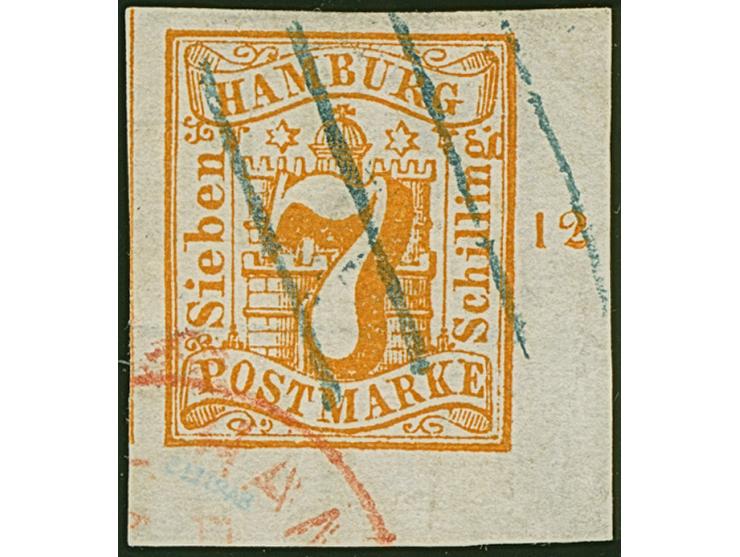 7 Sch. orange, farbfrische und breitrandige rechte untere Bogenecke mit je ca. 5 mm Bogenrändern und rechts Reihenzähler “12”