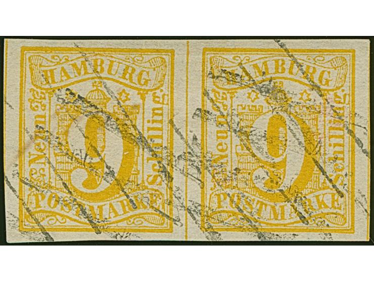 9 Sch. orangegelb im waagerechten Paar, farbfrisch und allseits breitrandig geschnitten, links und rechts mit voller Trennung