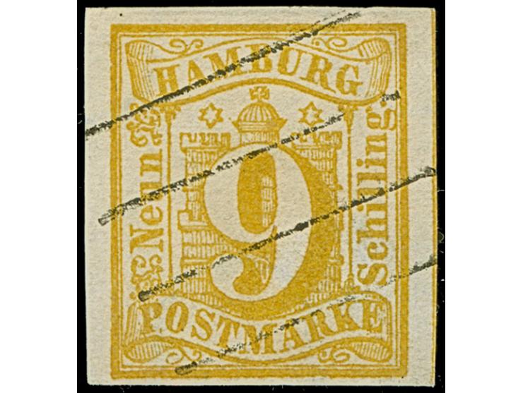9 Sch. orangegelb, farbfrisch und voll- bis breitrandig, sauber entwertet durch klar aufgesetzten Strichstempel. Punkthelle S
