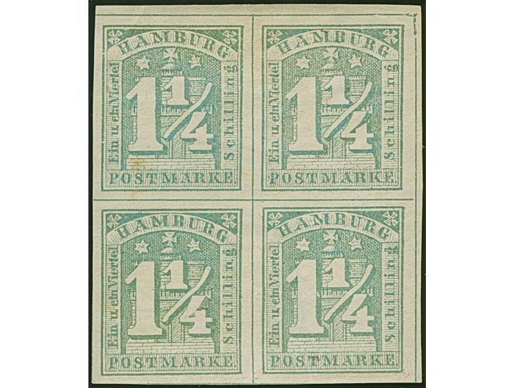 1¼ Sch. grünlichgrau im 4er-Block (Typen 3/4/7/8), voll- bis breitrandig, ungebraucht mit Originalgummi. Tadellos. Eine selte