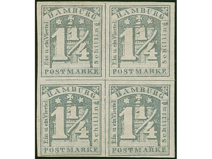 1¼ Sch. grau im 4er-Block (Typen 9/10/1/2), voll- bis breitrandig, ungebraucht mit nicht originalem Gummi. Senkrecht zwischen