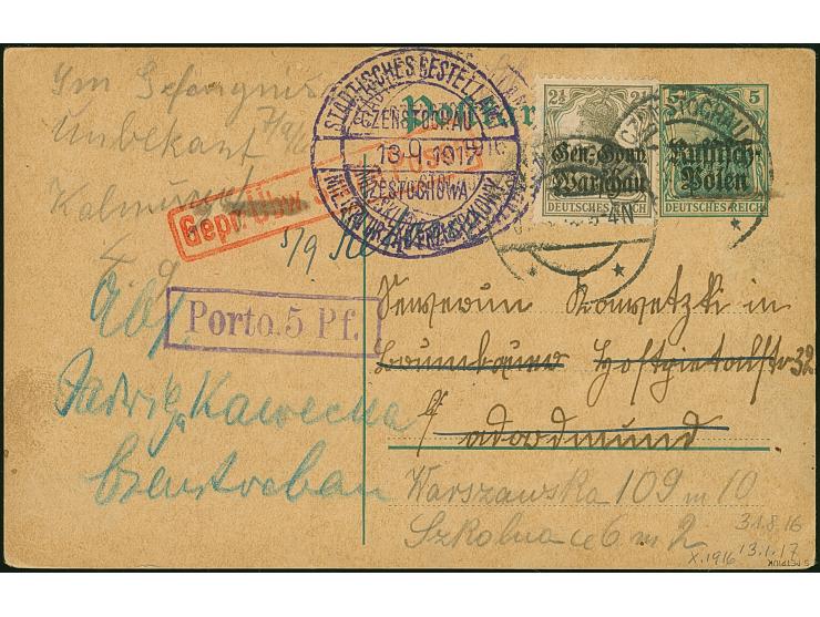 1920, Germania 2½ Pfennig mit Stempel “CZENSTOCHAU 31.8.16” als Zufrankatur auf Ganzsachenkarte 5 Pfennig nach Dortmund, dort