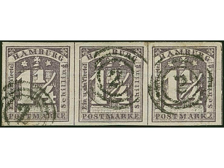 1¼ Sch. dunkelviolett im waagerechten 3er-Streifen (Typen 2/3/4), farbfrisch und allseits breitrandig, sauber entwertet durch