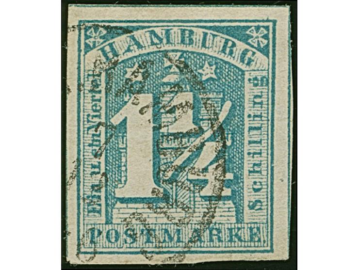 1¼ Sch. stumpfblau, farbfrisch und voll- bis meist breitrandig, sauber entwertet durch apptierten dänischen EKr. Bis auf winz