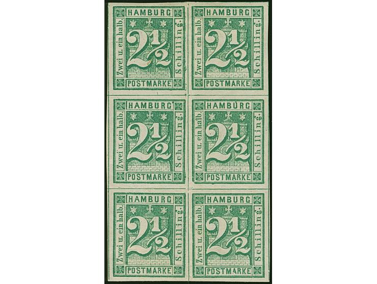2½ Sch. grün im senkrechten 6er-Block (Typen4/1/8/5/12/9), farbfrisch und allseits breitrandig, ungebraucht mit Originalgummi