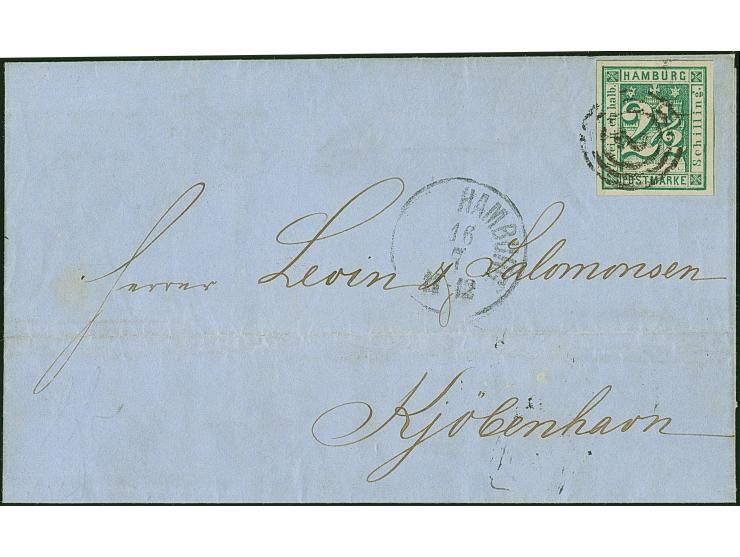 2½ Sch. grün, allseits breitrandig, mit sauber aufgesetzter Nr. “2” und nebengesetztem EKr. “St.PA. HAMBURG 16 7” auf Briefhü