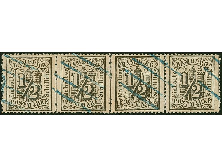 ½ Sch. schwarz im waagerechten Viererstreifen, farbfrisch und gut gezähnt, sauber entwertet durch schwarzblauen Strichstempel