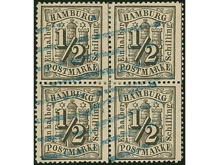 ½ Sch. schwarz im 4er-Block, farbfrisch und gut gezähnt, sauber entwertet durch schwarzblauen Strichstempel. Eine große Selte