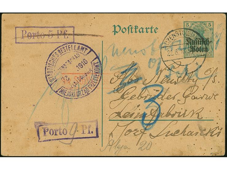 1920, Ganzsachenkarte Germania 5 Pfennig mit Stempel “CZENSTOCHAU 22.8.16”, nicht zustellbar mit großem Stadtpoststempel “STÄ