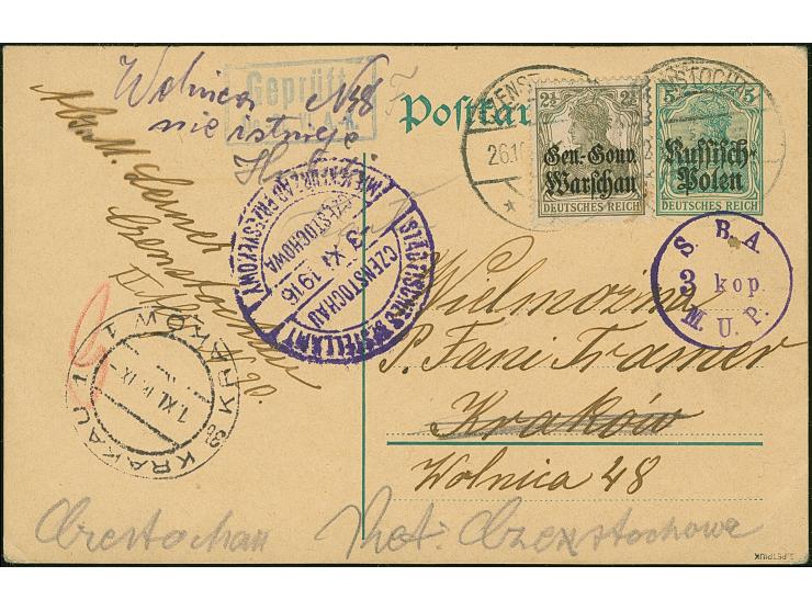 1920, Germania 2½ Pfennig mit Stempel “CZENSTOCHAU 26.10.16” als Zufrankatur auf Ganzsachenkarte 5 Pfennig nach Krakau mit An