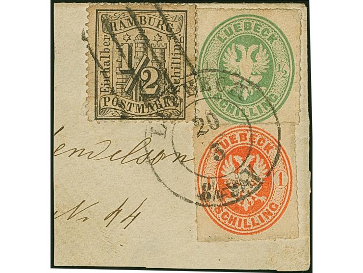 1⁄2 Sch. schwarz in Mischfrankatur mit Lübeck 1863/67, 1⁄2 Sch. grün und 1 Sch. orange, mit über alle Werte gehendem klarem D