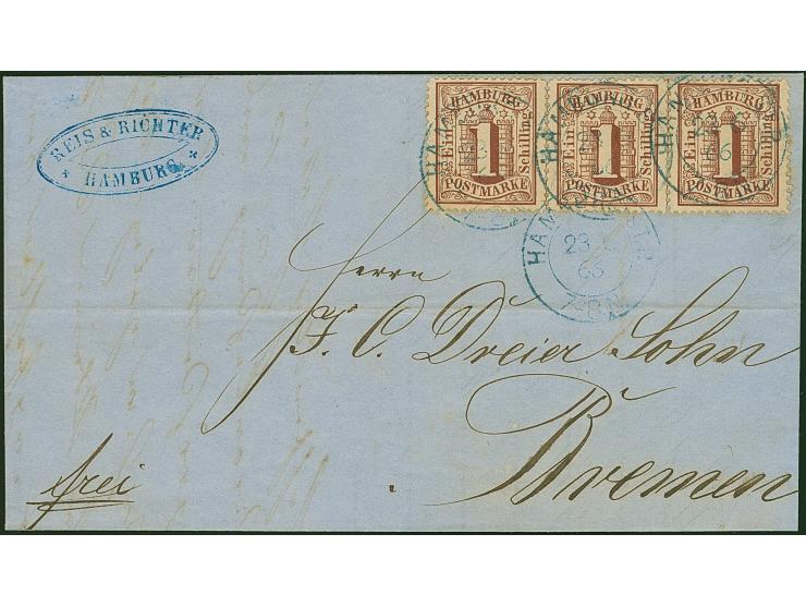 1 Sch. braun im waagerechten 3er-Streifen, farbfrisch und gut gezähnt, mit sauberauf- und nebengesetztem blauen DKr. “HAMBURG