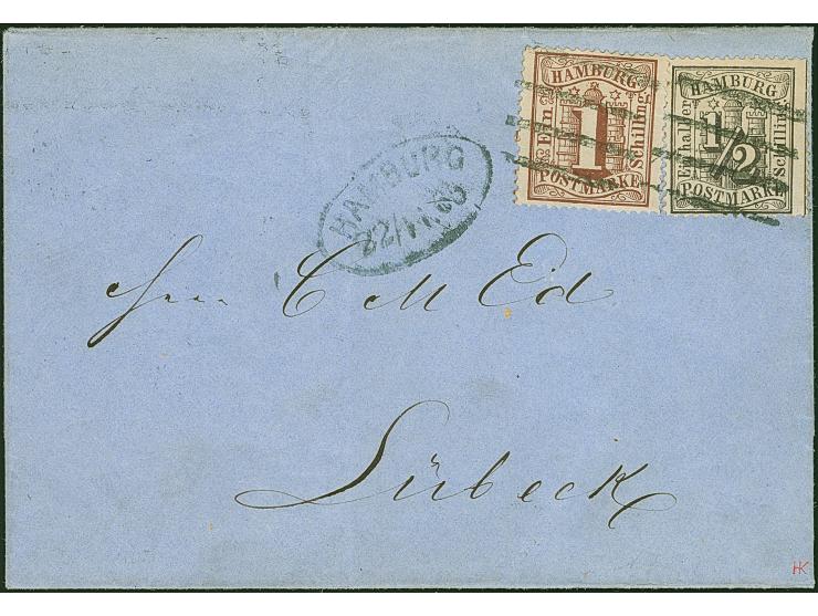 1⁄2 Sch. schwarz und 1 Sch. braun, farbfrisch und gut gezähnt, mit sauber aufgesetztem Strichstempel und nebengesetztem Ovals