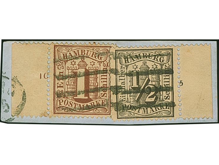 1⁄2 Sch. schwarz und 1 Sch. braun, Einzelwerte vom rechten bzw linken Bogenrand mit Reihenzählern “5” bzw “10”, mit sauber au