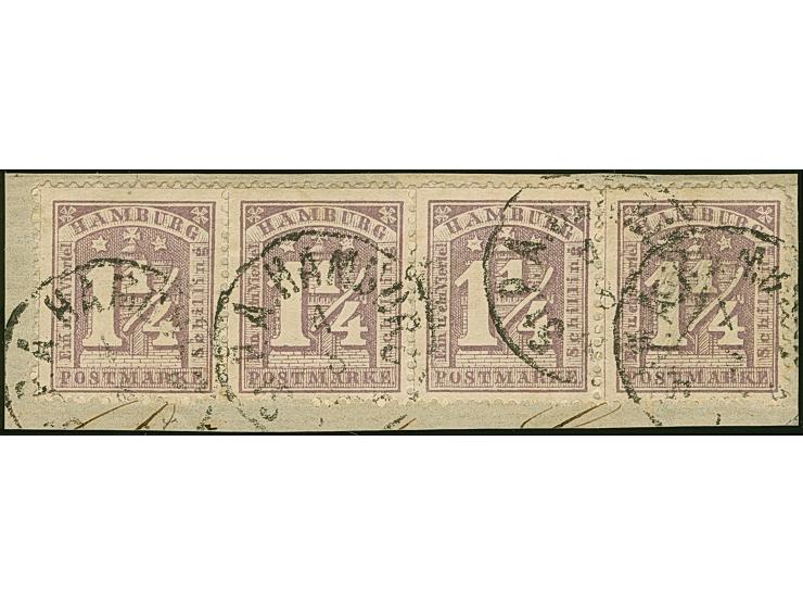 1¼ Sch. graupurpur im waagerechten Viererstreifen, mit EKr. “St.P.A.HAMBURG 4 8” auf kleinen Briefstück. Eine recht seltene E