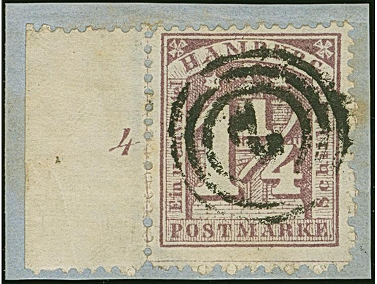 1¼ &nbsp;Sch. graupurpur, linkes Randstück mit breitem Bogenrand und Reihenzähler “4”, mit sauber aufgesetzter Nr. “2” auf Br