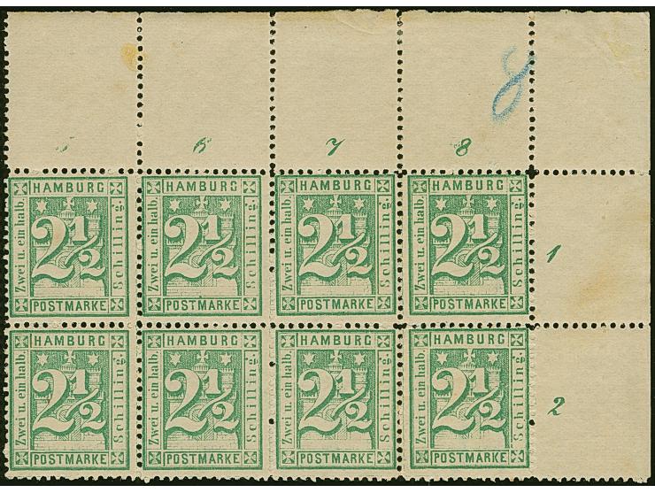 2½ Sch. grün, klarer Druck, waagerechter 8er-Block aus der rechten oberen Bogenecke mit breiten Bogenrändern, ungebraucht mit