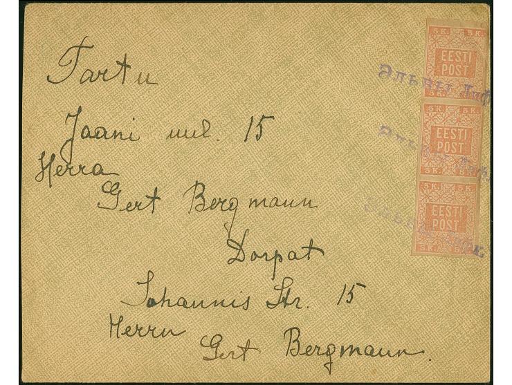 “ELVA LIFL.”, provisional violet straight-line cancel on Flower Design 5 kopek reddish-orange, vertical-strip of three on cov