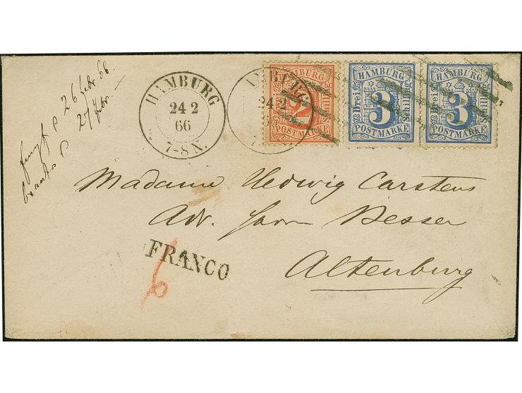 2 Sch. orangerot und 3 Sch. ultramarinblau im waagerechten Paar, mit Duplex-Entwertung durch schwarzen Strichstempel und DKr.