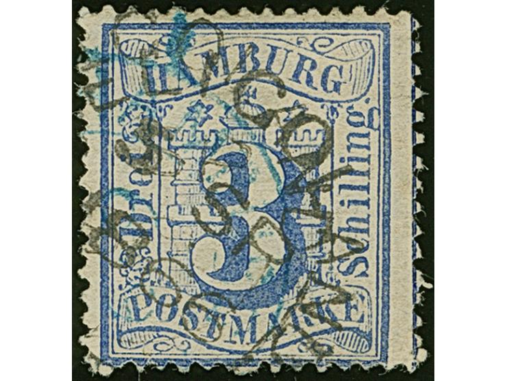 3 Sch. ultramarinblau mit Doppelentwertung durch blauen DKr. des Hamburger Stadtpostamtes und klar aufgesetztem “HELIGOLAND 5