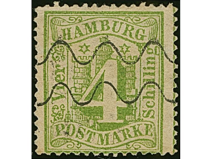 4 Sch. gelbgrün mit großem Teilabschlag des Hinrichsen- Maschinenstempels.&nbsp;