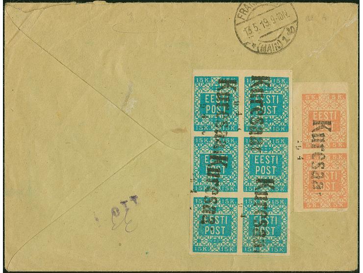 "Kuresaar",&nbsp;straight-line cancel on Flower 5 kopek vertical pair and 15 kopek block of six on reverse of registered cove