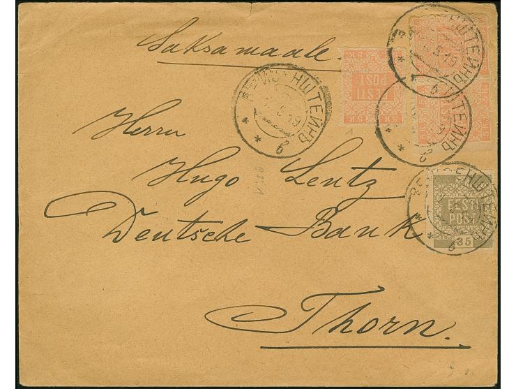 "WEISSENSTEIN 1 5 19" (PAIDE), provisional cyrillic cds. on single and horizontal pair Flower 5 kopek and 35 penni gray, all 