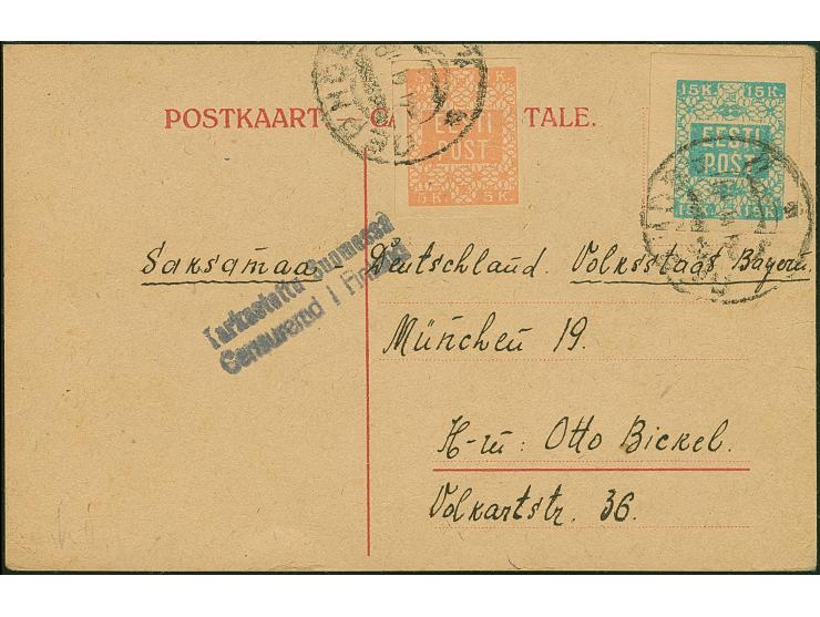 “PÄRNU 4 9 18", provisional cyrillic cds. on Flower 5 and 15 kopek, on postcard with finnish censor mark to Munich, fine (Hur